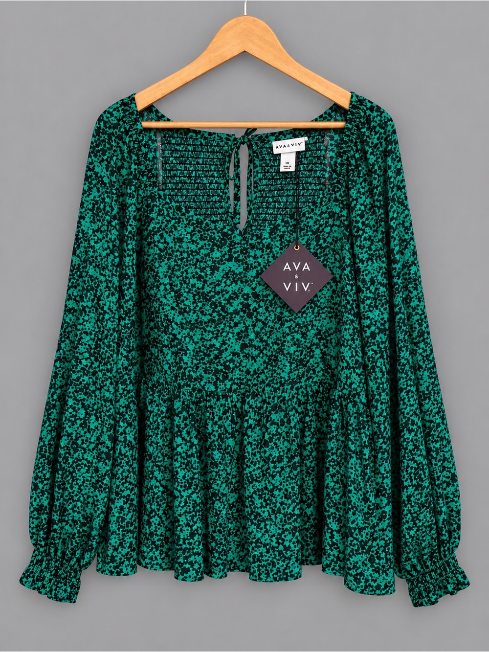 Ava & Viv Green Black Balloon Sleeve Peplum Blouse Size 1X NWT